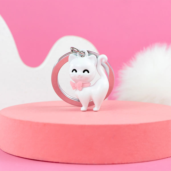 Keychain White Kitty Cat with Pink Bowtie