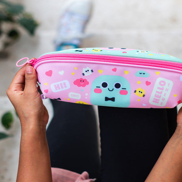 Kawaii Character Pencil Case In Dual Colour Blue & Pink